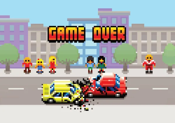 Game Over - пошкоджені автомобілі після зіткнення, ілюстрація піксельних шарів мистецтва — стоковий вектор