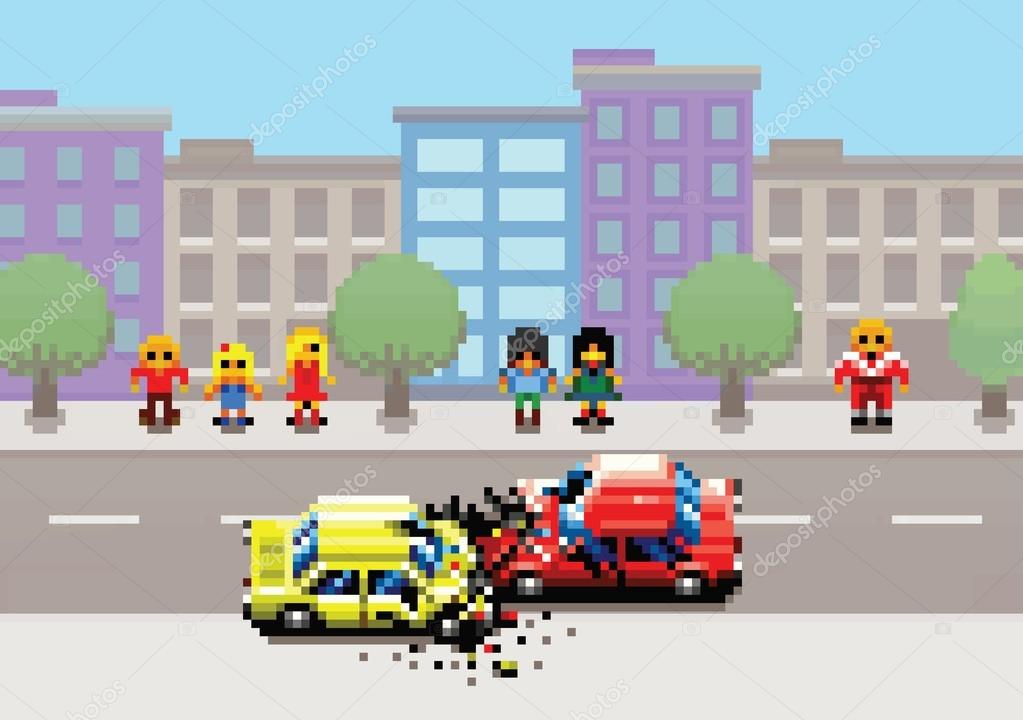 car crash accident on street, pixel art game retro layers illustration