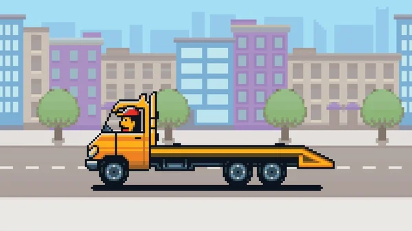 Lege sleepwagen, stad achtergrond pixel kunst spelstijl laag illustratie — Stockvector