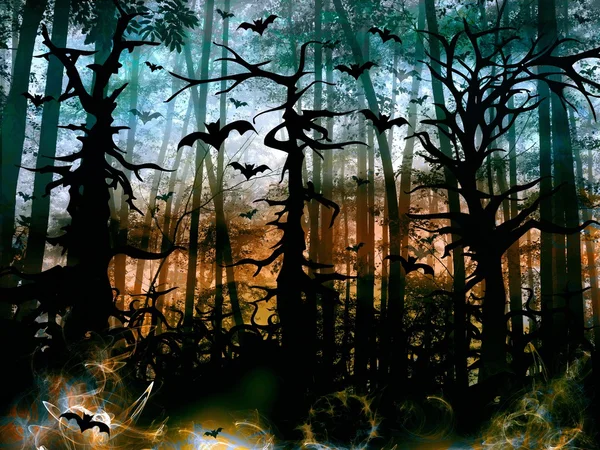 Bosque de terror de Halloween con murciélagos - paisaje oscuro —  Fotos de Stock