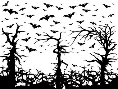 siyah ağaçlar ve yarasalar korku arka izole