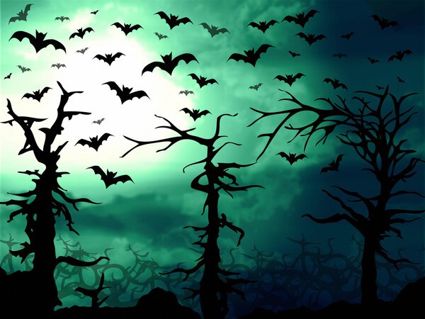 Dark green forest and bats scary background illustration