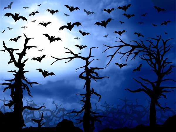 Dark blue forest with bats scary halloween background
