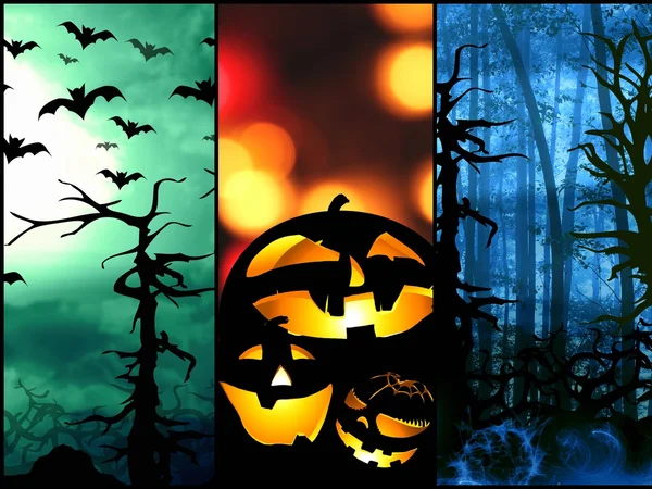 Halloween símbolos abóbora morcegos floresta fundo — Fotografia de Stock