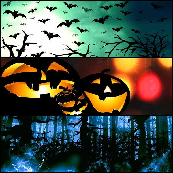 Halloween símbolos horizontais - abóbora morcegos fundo da floresta — Fotografia de Stock