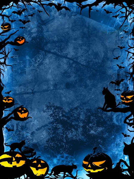 Halloween blauer Hintergrund mit Kürbissen, Katzen und Fledermäusen — Stockfoto