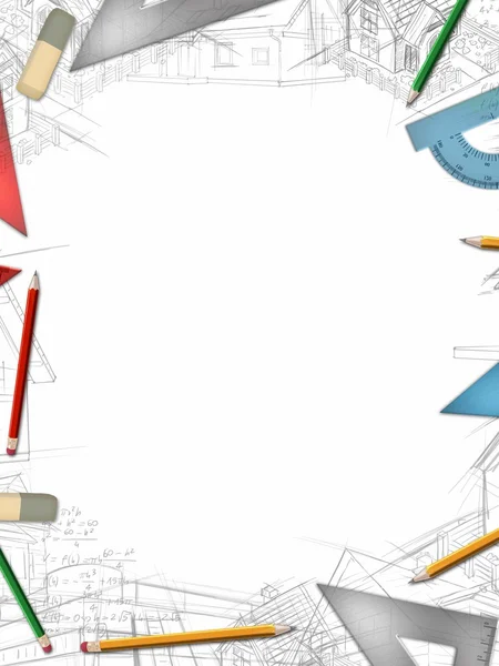 Architektonische vertikale Hintergrund mit Office-Tools und Zeichnungen — Stockfoto