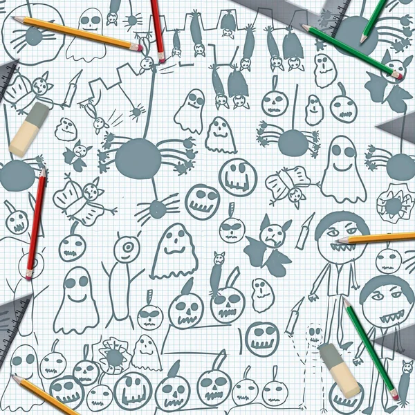 Kritzeleien von Halloween-Monstern auf Schreibtisch mit Bleistiften — Stockfoto