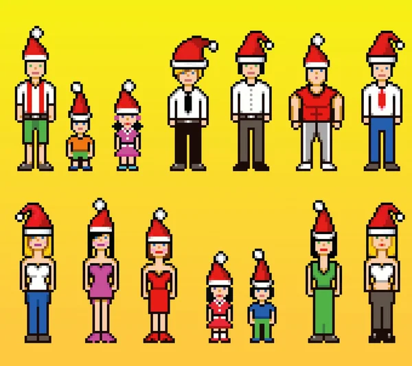 Pixel art style people avatars in xmas santa claus hats isolated background — Stock Vector