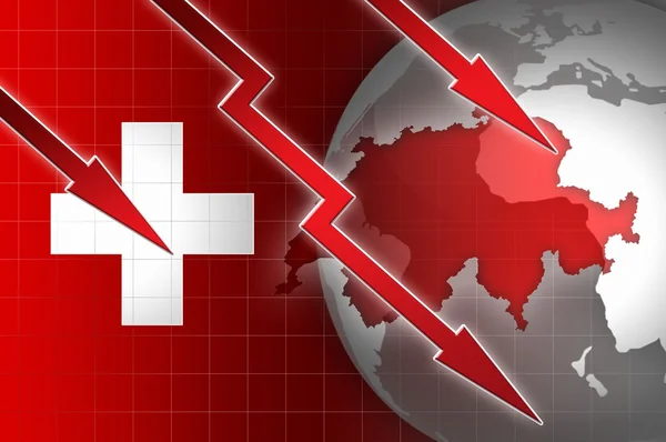 Swiss economy currency decline illustration with red down arrow — Stock Photo, Image