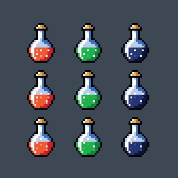 Set voor geanimeerde potion flessen medicijnflesje injectieflacon, pixel kunst vector geïsoleerd — Stockvector