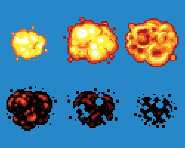 Pixel Art Video Game Explosion Animation Vector Frames — Stock Vector