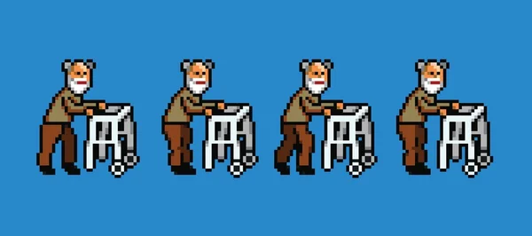 Homem idoso com walker pixel arte estilo andando animação ciclo —  Vetores de Stock