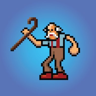 old man with stick in hand pixel art style illustration vector