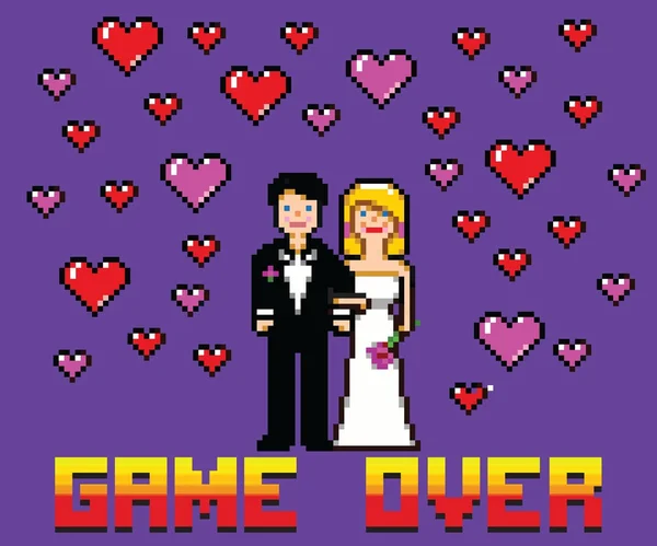 Matrimonio divertente carta con game over messaggio pixel art style — Vettoriale Stock