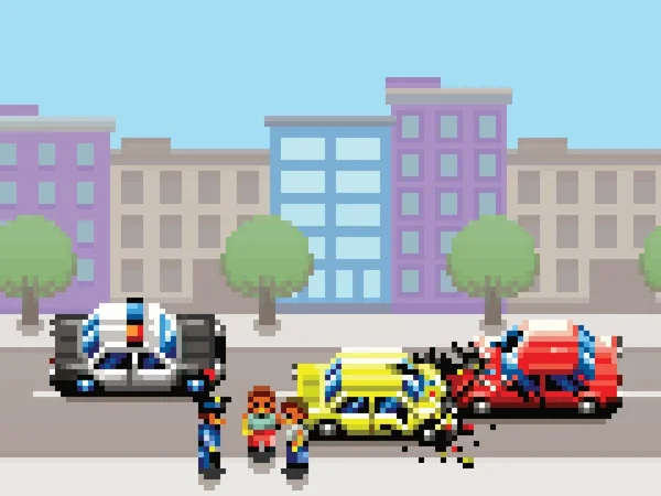 Cidade carro colisão, polícia carro e pessoas pixel arte jogo estilo ilustração —  Vetores de Stock