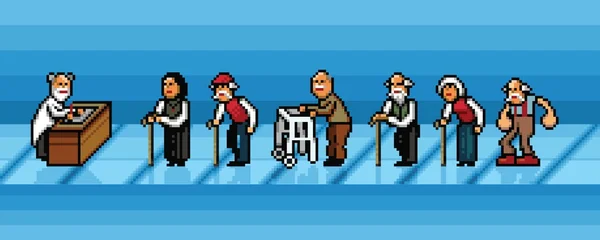 Anziani in fila in ospedale pixel art vettoriale strati illustrazione — Vettoriale Stock
