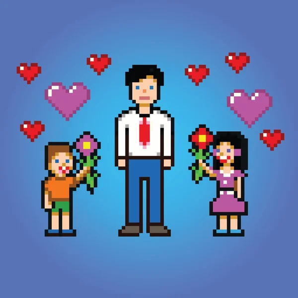 Petits enfants donne des fleurs papa - pixel art style vecteur — Image vectorielle