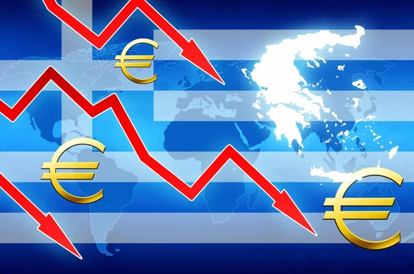 Problemi finanziari in Grecia frecce rosse euro simbolo valuta concetto news sfondo — Foto Stock