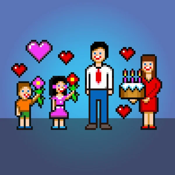 Papa célébration gâteau et fleurs pixel art style vectoriel illustration — Image vectorielle