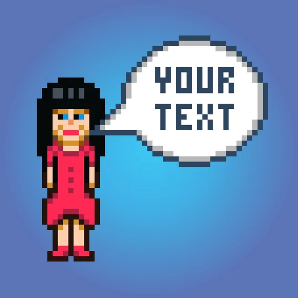 Pixel art girl in red dress with speech bubble — Stockvector