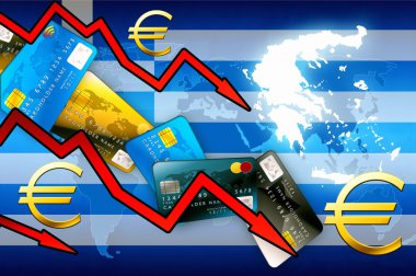 Yunanistan kriz kavramı arka plan - Kırmızı oklar euro para birimi kredi kartları
