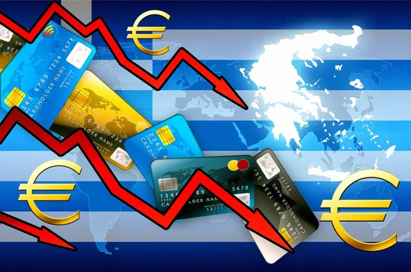 Grecia crisis concepto fondo flechas rojas euro moneda tarjetas de crédito —  Fotos de Stock