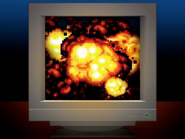 retro video game pixel art explosion on the monitor screen