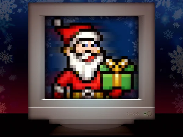 Санта Клаус піксель мистецтва відеоігри Різдвяний ретро екран монітора — стокове фото