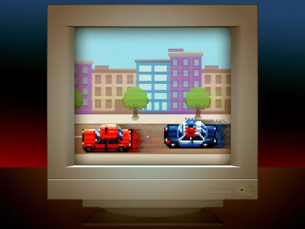 Police car chase pixel art game retro monitor screen — Stok fotoğraf