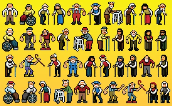 Enorme conjunto de ancianos avatares - pixel arte aislado capas vector ilustración — Archivo Imágenes Vectoriales