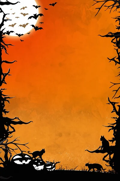 Halloween notte arancione sfondo verticale con alberi, pipistrelli, gatti e zucche — Foto Stock