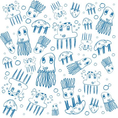 çocuk mavi jellyfish çizimler çerçeve üzerinde beyaz izole