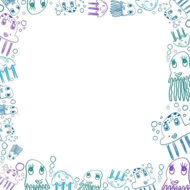 çocuk mavi jellyfish çizimler kare çerçeve