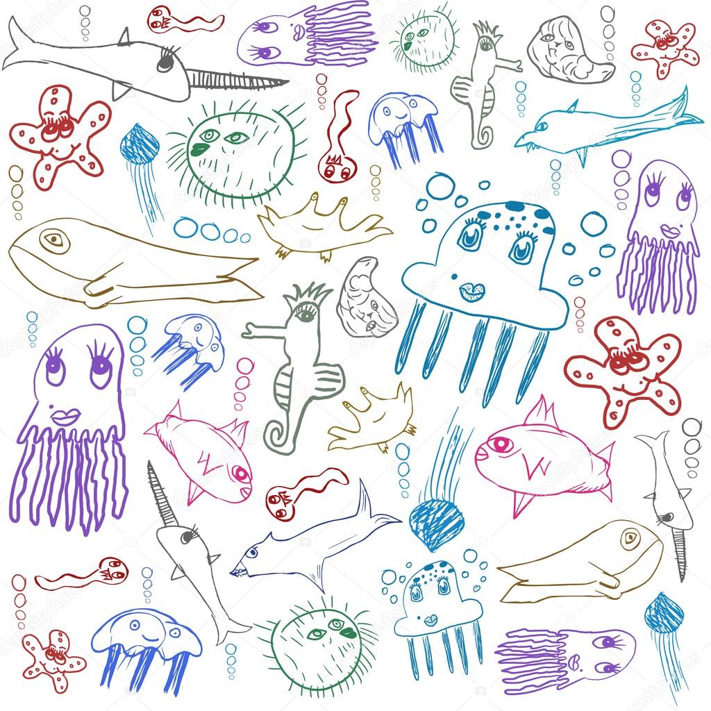 sea creatures, child drawing seamless background