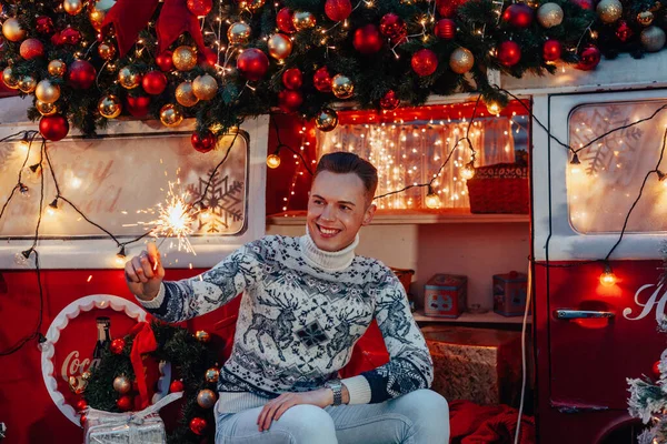 Young Boy Santa Claus Celebrating New Year Sparkles Hands — Stock Photo, Image