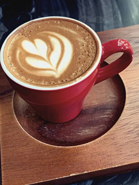 Cup Latte Art Wooden Tray Show Beautiful Foam Latte Art — Stock Photo, Image