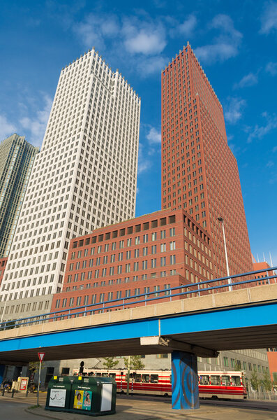 THE HAGUE, NETHERLANDS - OCTOBER 3, 2015: Modern skyscrapers in the city center of The Hague. The Dutch government and parliament are located in the city, and it is the residence of the royal family