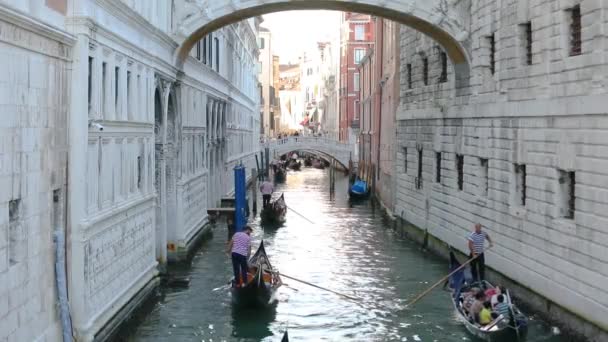 Gondelaars zwemmen onder de brug van de zuchten Venetië, Italië. Brug van Zuchten Venetië. Romantische plaats brug van zuchten — Stockvideo