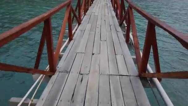 Un uomo attraversa un ponte, un ponte attraverso un lago, un ponte attraverso un lago in patagonia — Video Stock