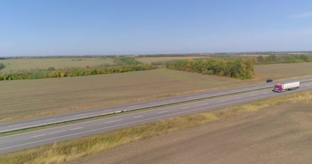 Der LKW fährt eine lange, gerade Straße entlang. Der LKW fährt die Straße entlang, die Natur ist da. Waggon fährt Drohnenschuss entlang der Straße — Stockvideo