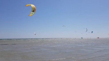 Denizde uçurtma sörfü, denizde birçok uçurtma sörfçüsü. İnsanlar denizde ekstrem sporlar yapıyor.