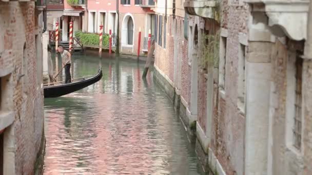 Un gondolero lleva a un grupo de turistas en un canal de Venecia. Góndola en un hermoso canal de Venecia. Casas de colores reflejadas en el agua — Vídeos de Stock