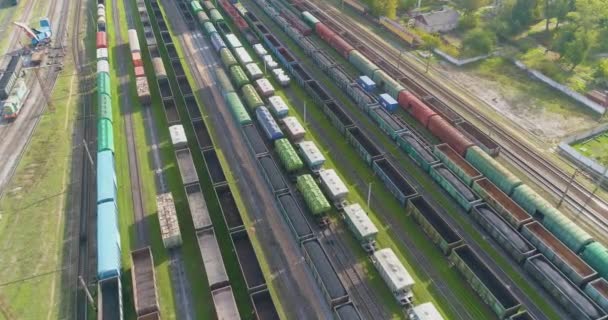 Gran depósito ferroviario industrial vista superior. Vuelo sobre la estación ferroviaria. Trenes de mercancías en el depósito — Vídeo de stock