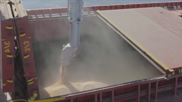 Loading grain into a cargo ship for transportation by sea. The ship is loaded with wheat in the port. Wheat export. Sea export. Agriculture — Stock Video