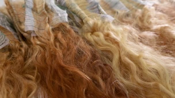 Primer plano del cabello femenino. Peluca femenina de cerca. Hermoso cabello rubio femenino — Vídeos de Stock