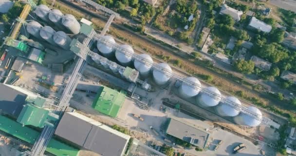 Silo s obilím. Pohled shora na nádrž na obilí. Úložiště zrna ve velkých drážkách leteckého pohledu — Stock video