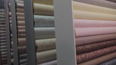 Yeni örneklerle ayakta duruyor. Duvar kağıdıyla yuvarlanıyor. Duvar kağıdı örnekleriyle birlikte dükkanda duruyor. Desenli duvar kağıdı