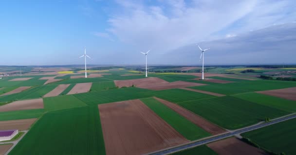 Panoramas de ar de campos agrícolas e geradores eólicos produzindo eletricidade. Energia alternativa, três turbinas eólicas em um campo verde — Vídeo de Stock