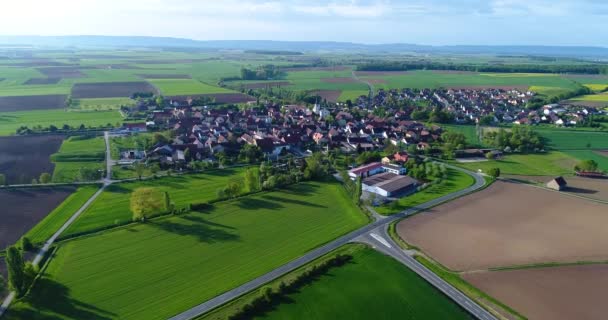 Grande campo verde, sorvolando il campo, piante in crescita, agricoltura, Grande campo verde sullo sfondo di una piccola città europea — Video Stock